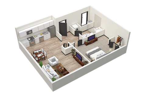 Floor plan for 1 bed, 1 bath, 760 sqft